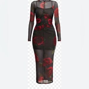 Good American Women's Mesh Ruched Long Sleeve Maxi Dress